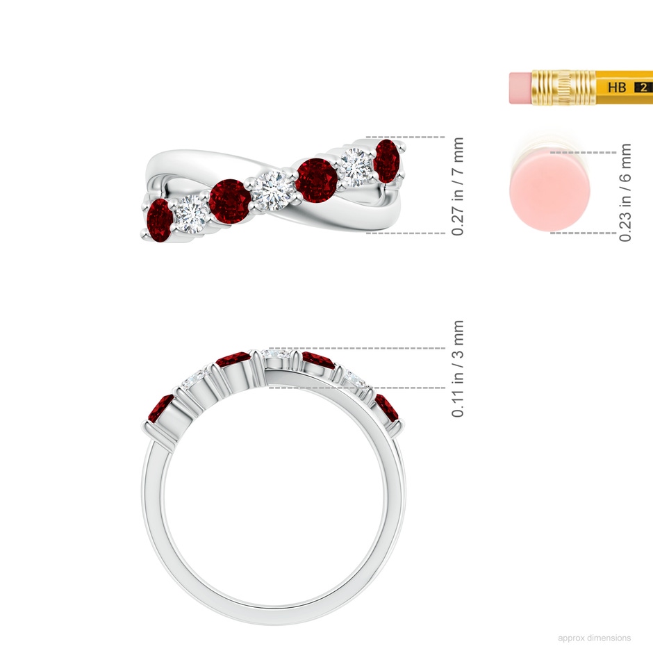 3.5mm AAAA Round Ruby and Diamond Crossover Ring in White Gold ruler
