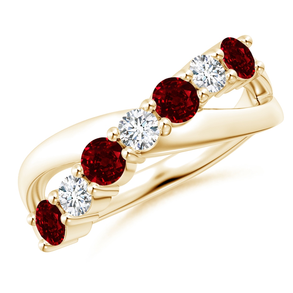 3.5mm AAAA Round Ruby and Diamond Crossover Ring in Yellow Gold 