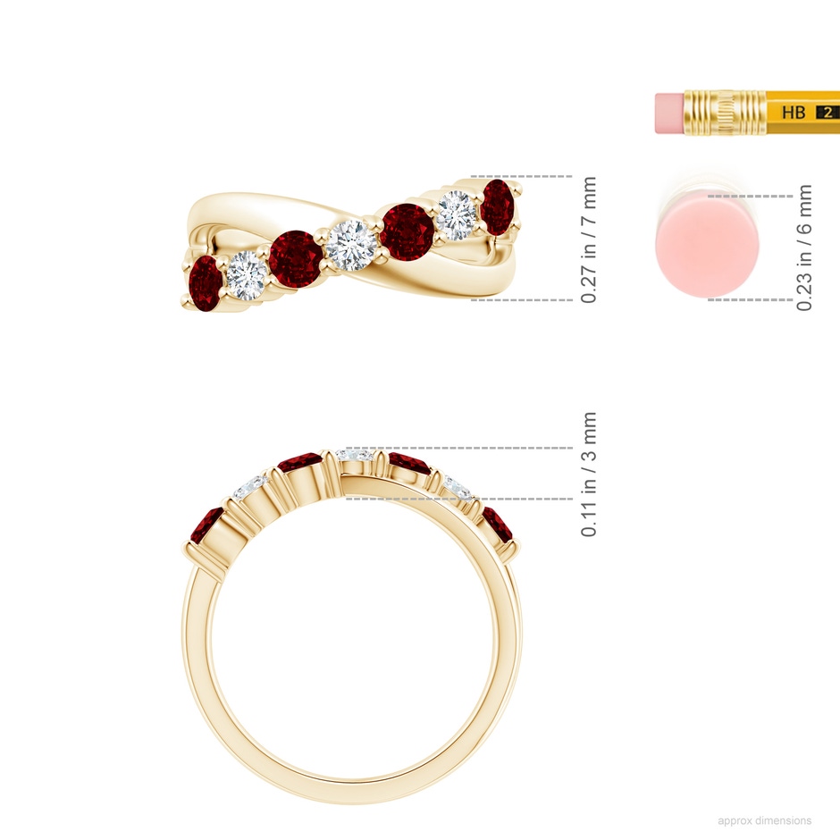3.5mm AAAA Round Ruby and Diamond Crossover Ring in Yellow Gold ruler
