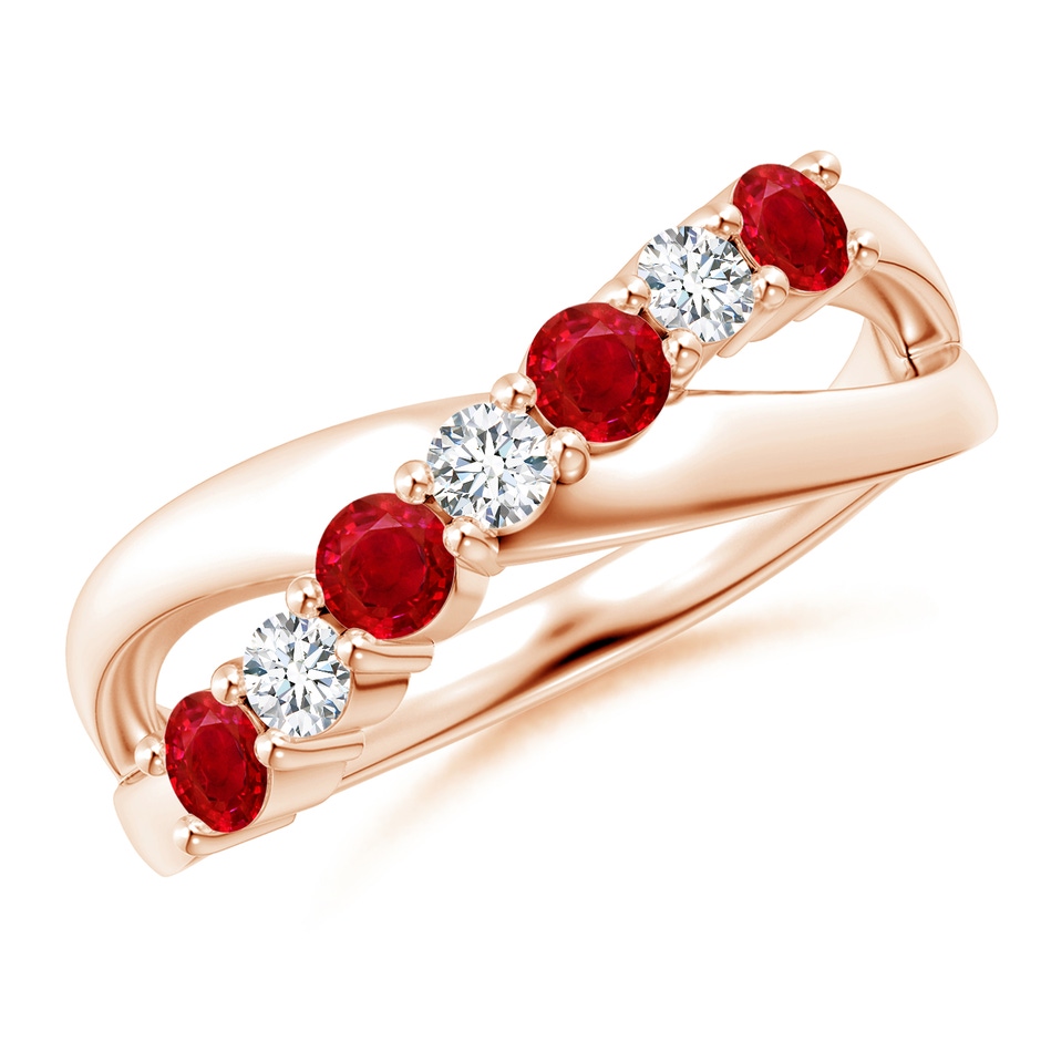 3mm AAA Round Ruby and Diamond Crossover Ring in Rose Gold 