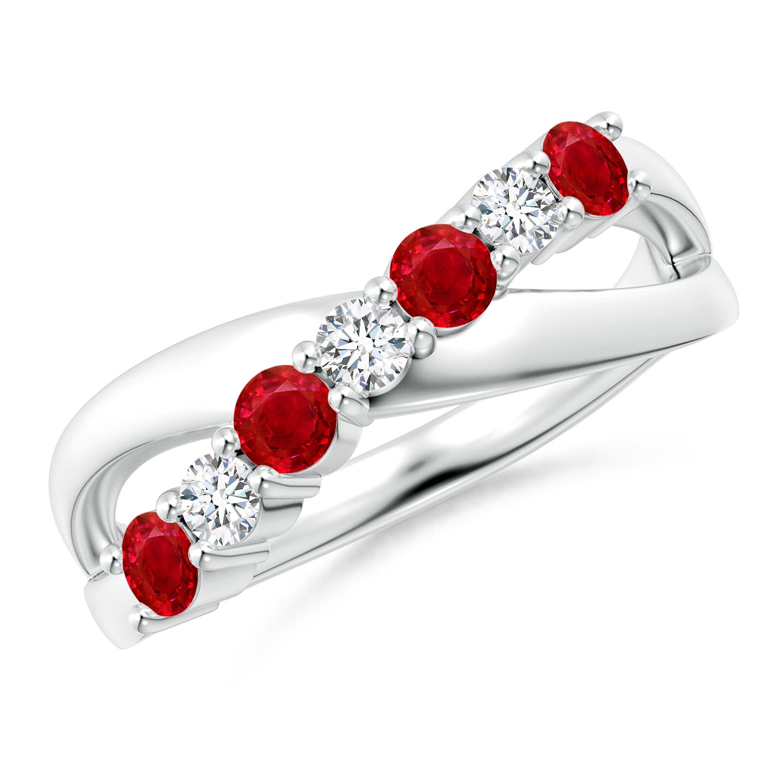 3mm AAA Round Ruby and Diamond Crossover Ring in White Gold