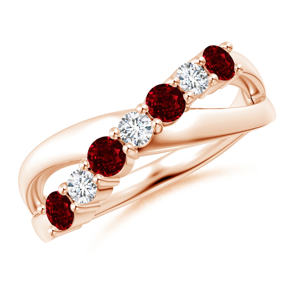 3mm AAAA Round Ruby and Diamond Crossover Ring in Rose Gold 