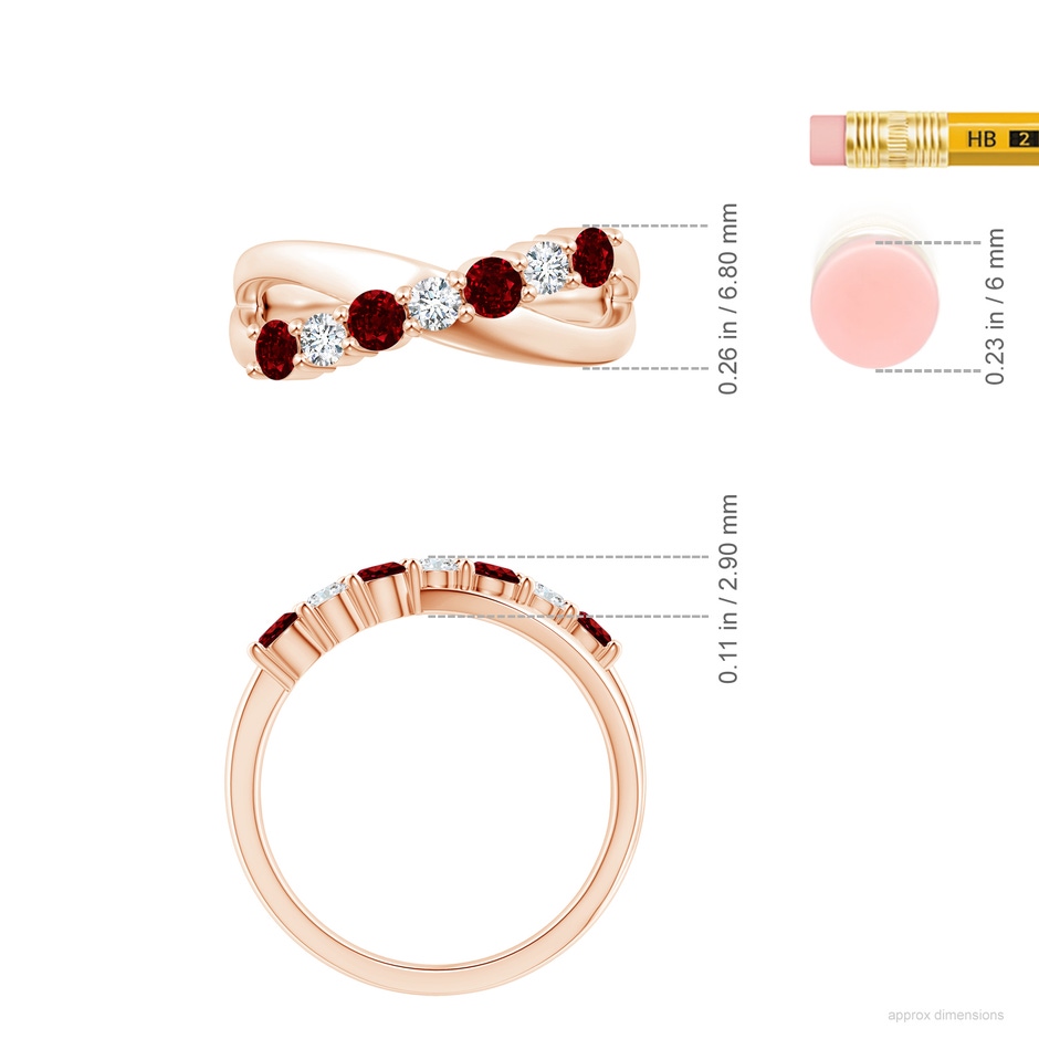 3mm AAAA Round Ruby and Diamond Crossover Ring in Rose Gold ruler
