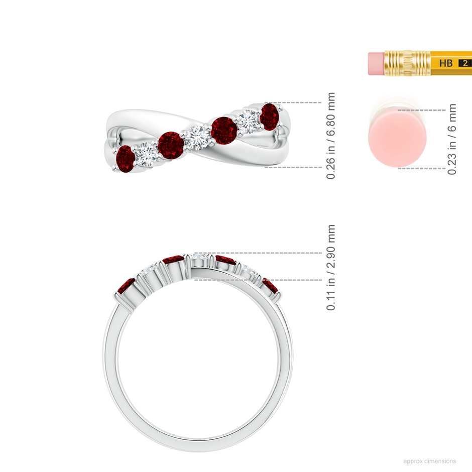 3mm AAAA Round Ruby and Diamond Crossover Ring in White Gold ruler