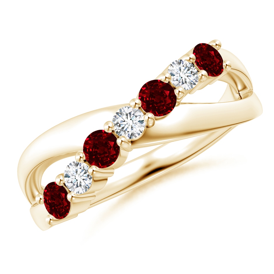 3mm AAAA Round Ruby and Diamond Crossover Ring in Yellow Gold 