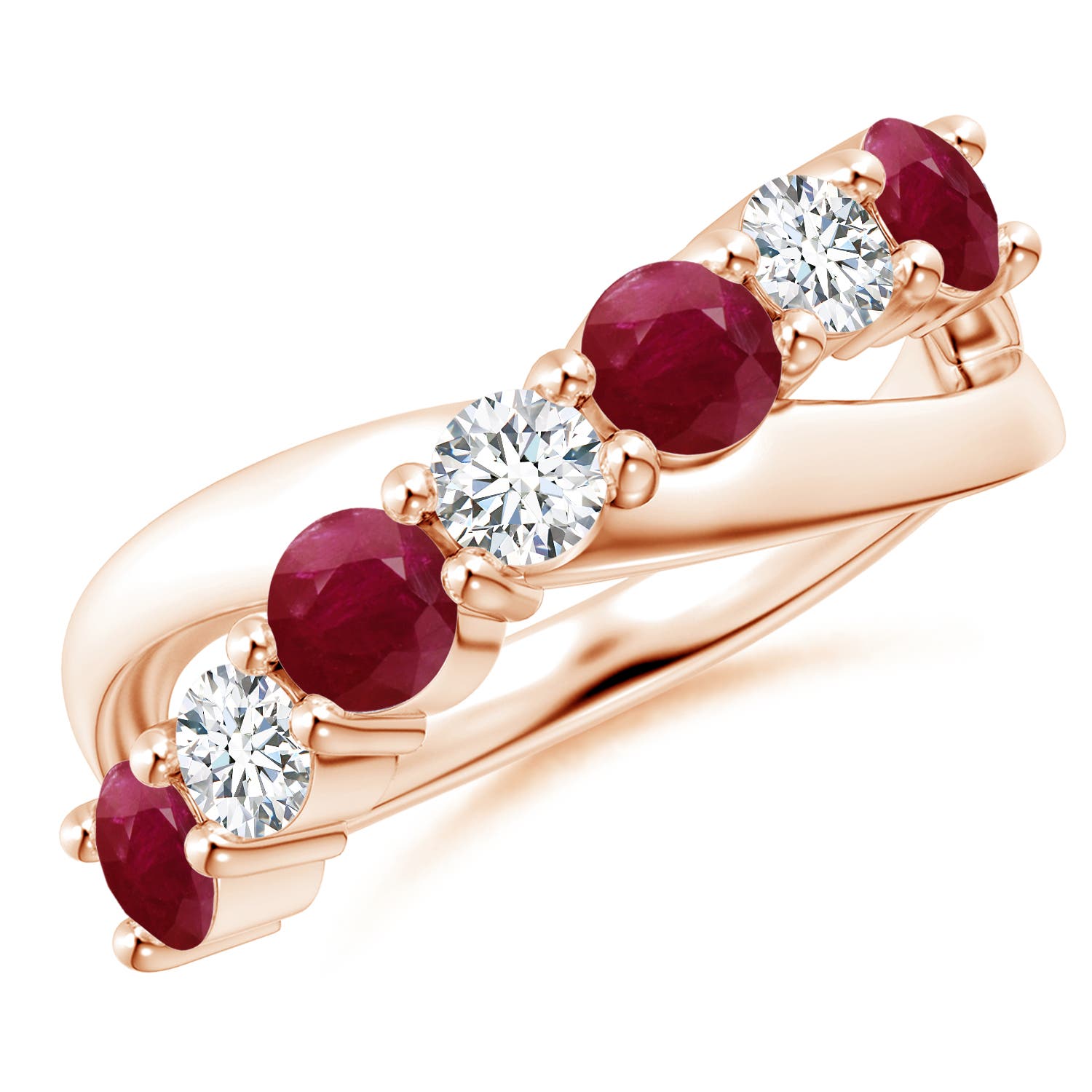 4mm A Round Ruby and Diamond Crossover Ring in 18K Rose Gold