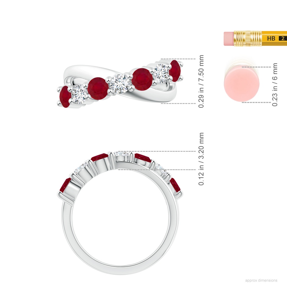 4mm AA Round Ruby and Diamond Crossover Ring in 18K White Gold ruler