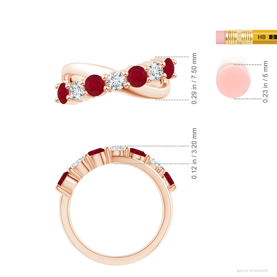 4mm AA Round Ruby and Diamond Crossover Ring in Rose Gold ruler