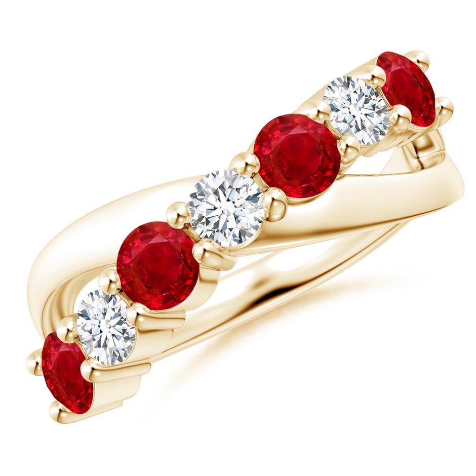 4mm AAA Round Ruby and Diamond Crossover Ring in 18K Yellow Gold 