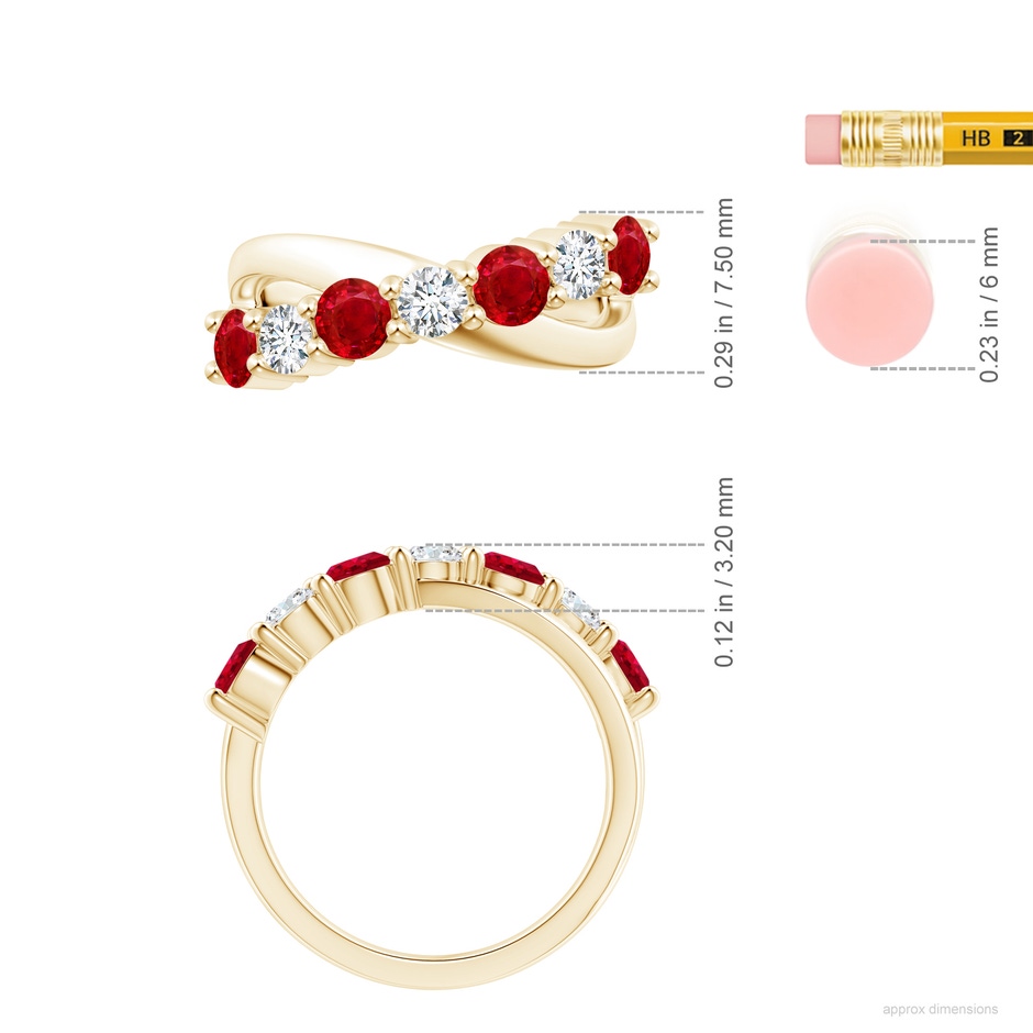 4mm AAA Round Ruby and Diamond Crossover Ring in 18K Yellow Gold ruler