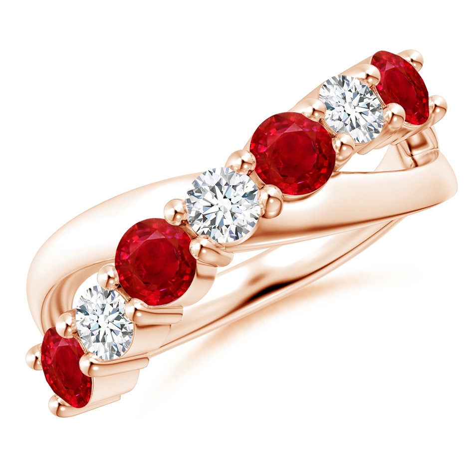 4mm AAA Round Ruby and Diamond Crossover Ring in Rose Gold 