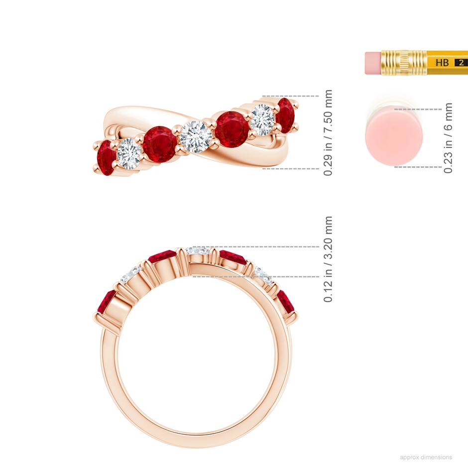 4mm AAA Round Ruby and Diamond Crossover Ring in Rose Gold ruler