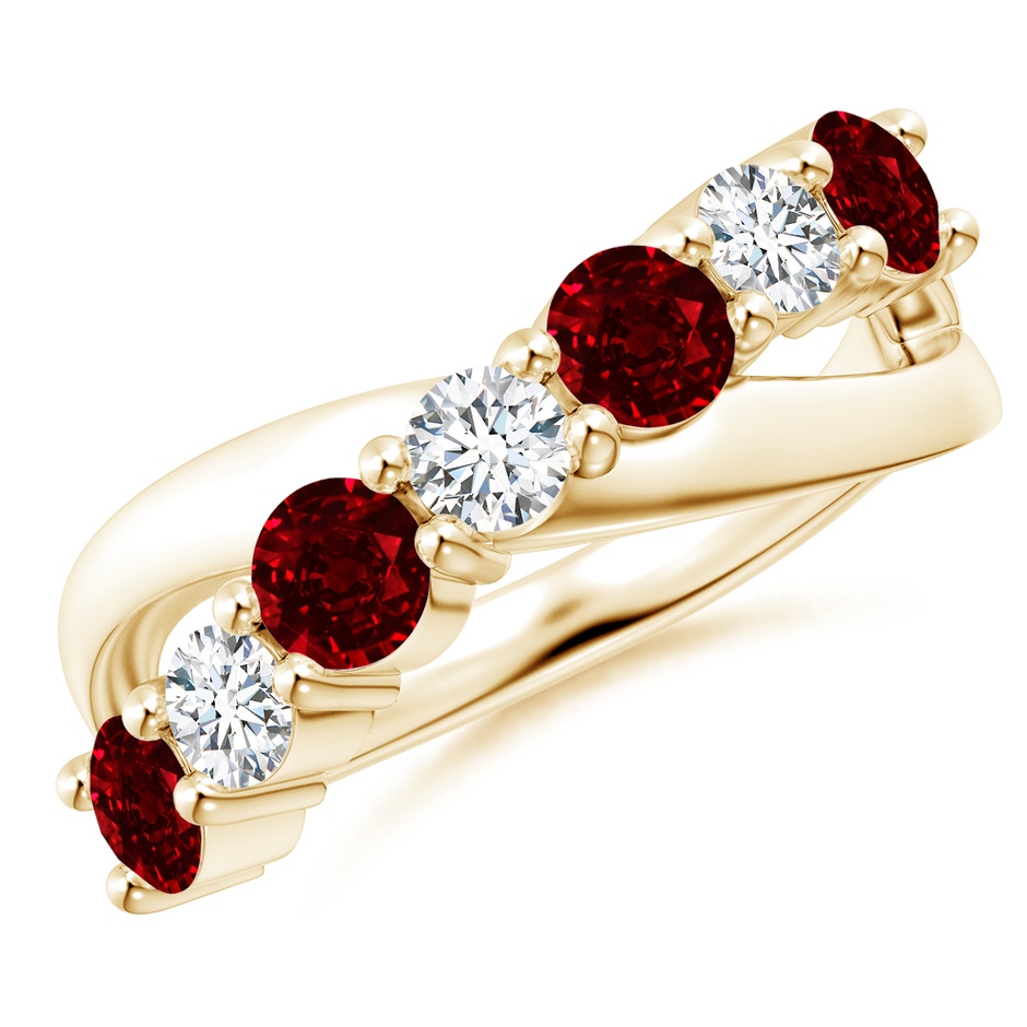 4mm AAAA Round Ruby and Diamond Crossover Ring in 18K Yellow Gold 
