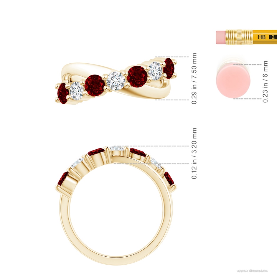 4mm AAAA Round Ruby and Diamond Crossover Ring in 18K Yellow Gold ruler