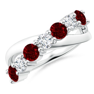 4mm AAAA Round Ruby and Diamond Crossover Ring in P950 Platinum