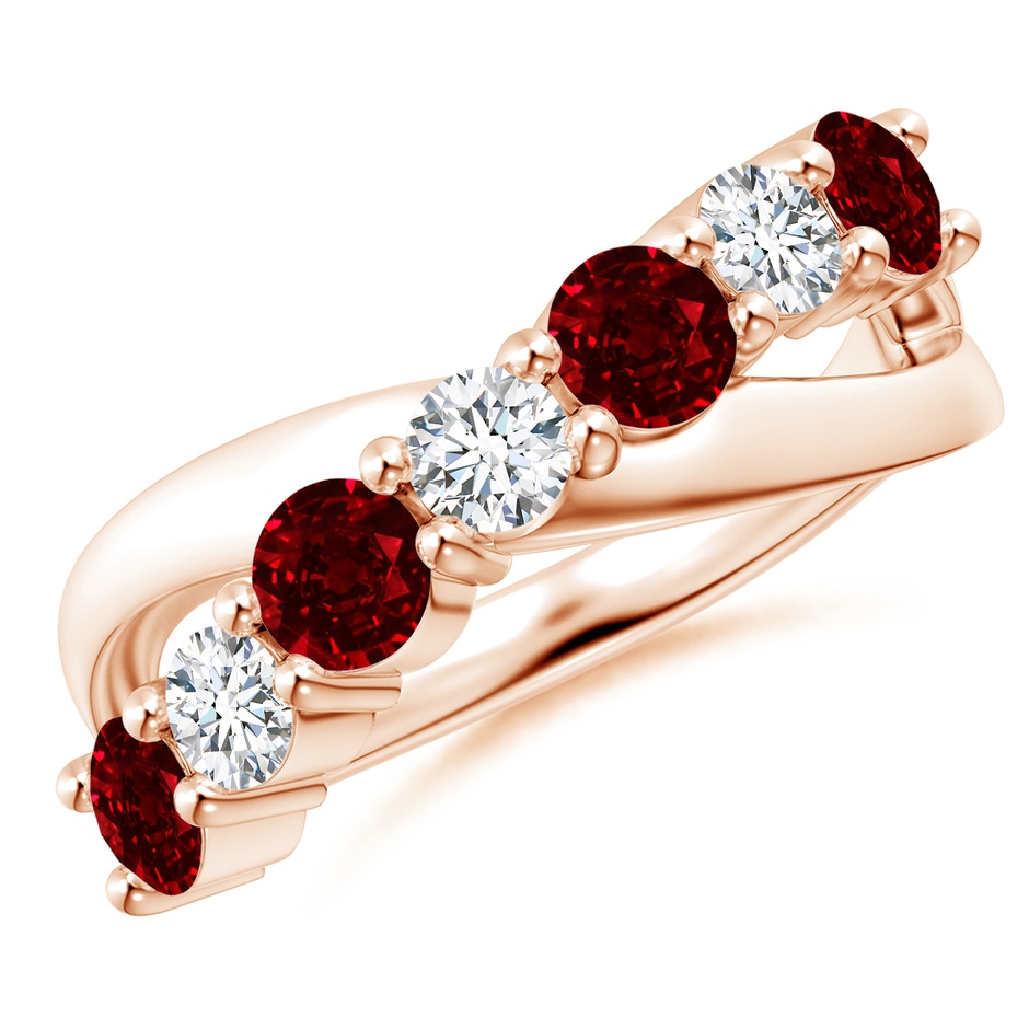 4mm AAAA Round Ruby and Diamond Crossover Ring in Rose Gold 