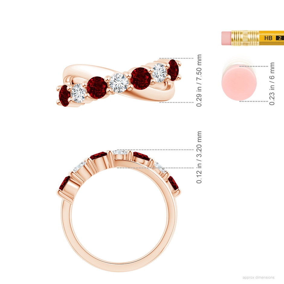 4mm AAAA Round Ruby and Diamond Crossover Ring in Rose Gold ruler