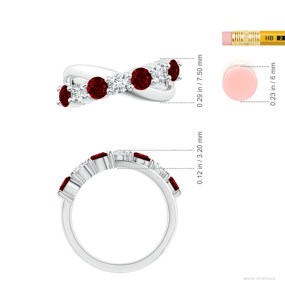 4mm AAAA Round Ruby and Diamond Crossover Ring in White Gold ruler