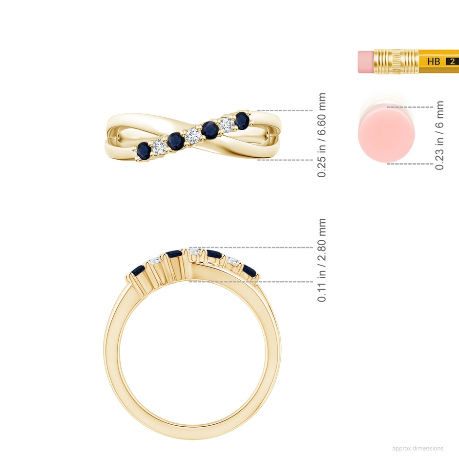 2.5mm A Round Blue Sapphire and Diamond Crossover Ring in Yellow Gold ruler