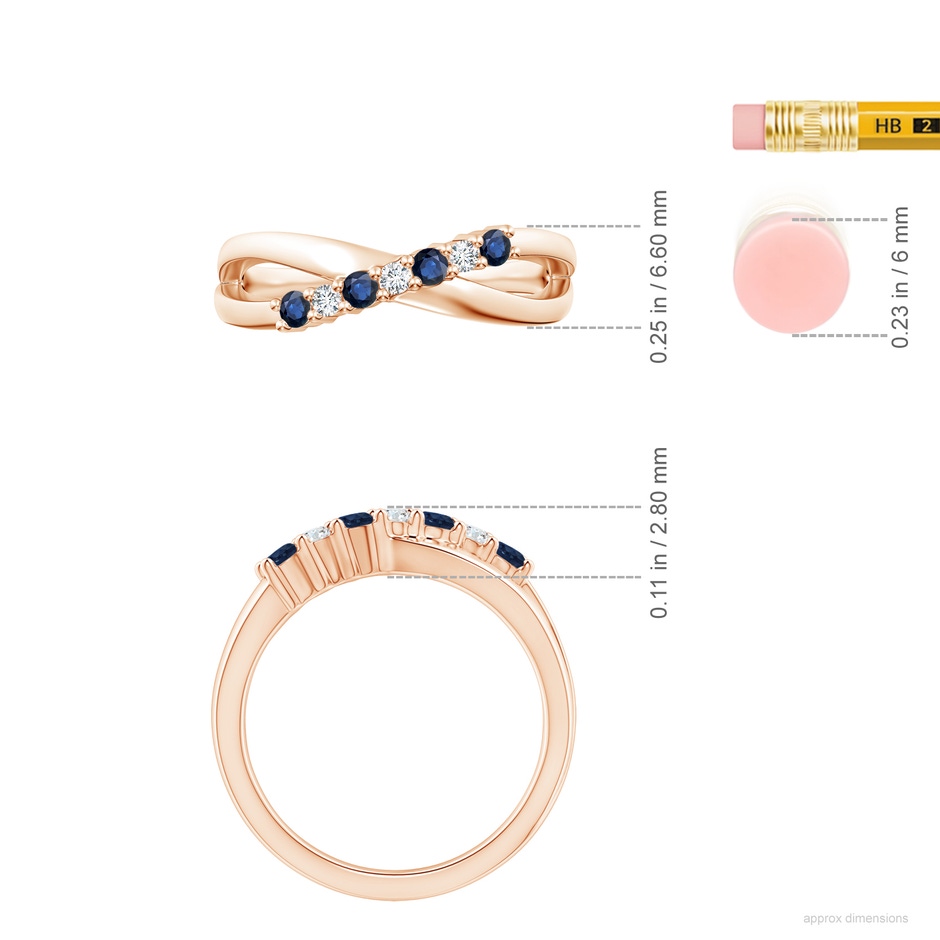 2.5mm AA Round Blue Sapphire and Diamond Crossover Ring in Rose Gold ruler
