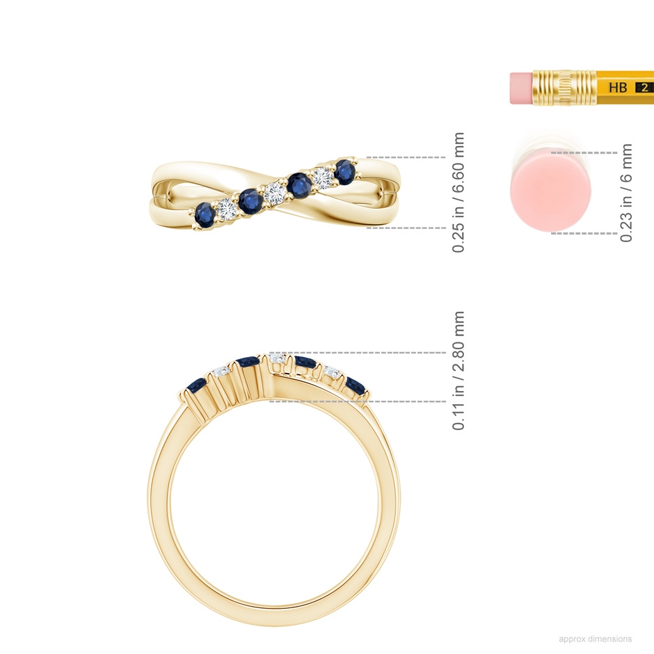 2.5mm AA Round Blue Sapphire and Diamond Crossover Ring in Yellow Gold ruler