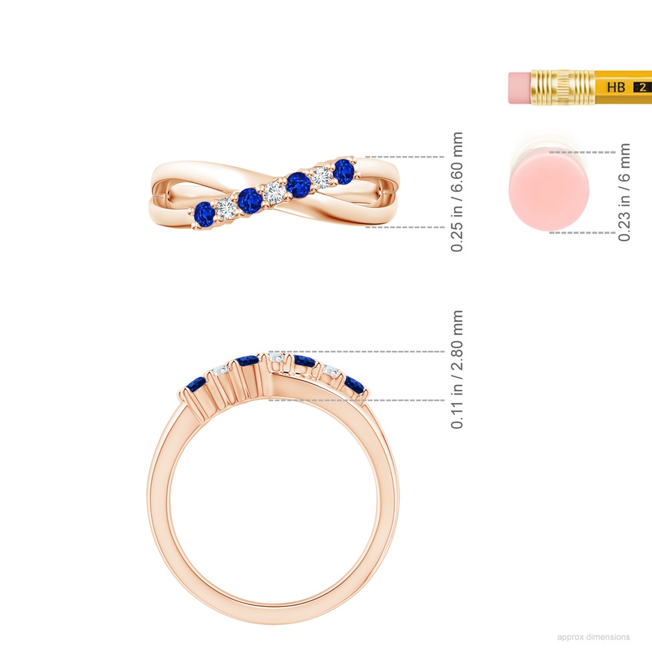 2.5mm AAAA Round Blue Sapphire and Diamond Crossover Ring in Rose Gold ruler
