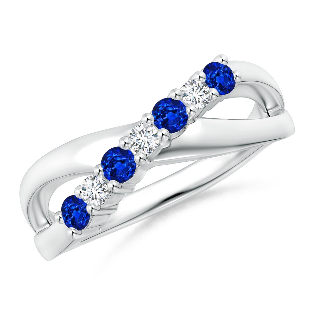 2.5mm AAAA Round Blue Sapphire and Diamond Crossover Ring in White Gold