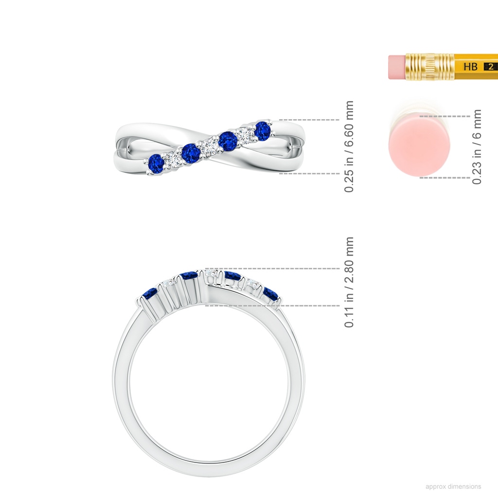 2.5mm AAAA Round Blue Sapphire and Diamond Crossover Ring in White Gold ruler