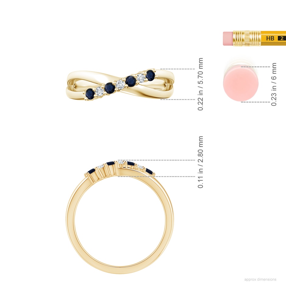 2mm A Round Blue Sapphire and Diamond Crossover Ring in Yellow Gold ruler