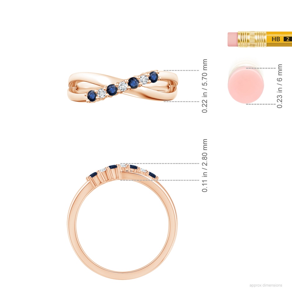 2mm AA Round Blue Sapphire and Diamond Crossover Ring in Rose Gold ruler