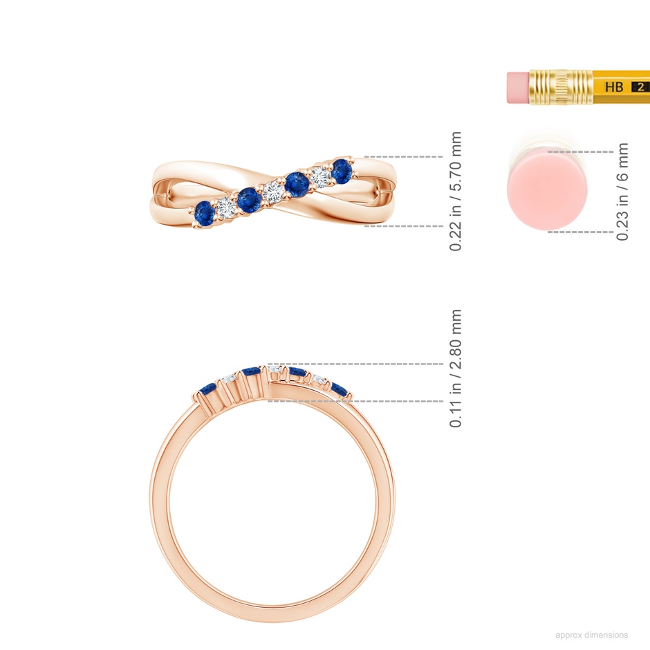 2mm AAA Round Blue Sapphire and Diamond Crossover Ring in Rose Gold ruler