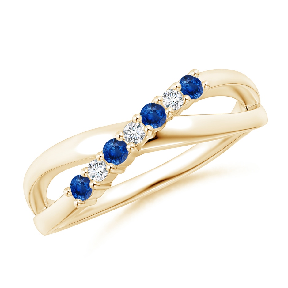 2mm AAA Round Blue Sapphire and Diamond Crossover Ring in Yellow Gold 