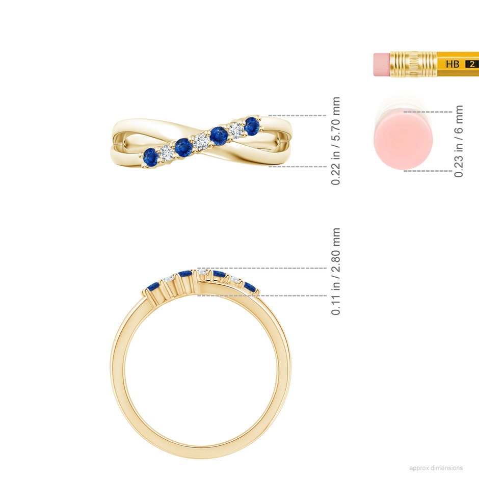 2mm AAA Round Blue Sapphire and Diamond Crossover Ring in Yellow Gold ruler