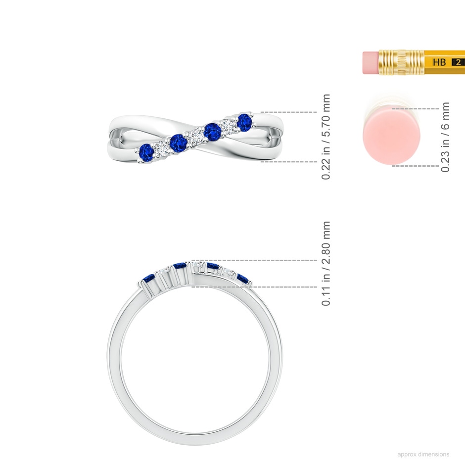 2mm AAAA Round Blue Sapphire and Diamond Crossover Ring in P950 Platinum ruler