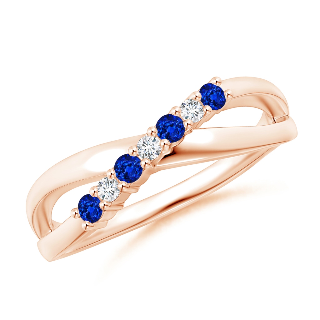 2mm AAAA Round Blue Sapphire and Diamond Crossover Ring in Rose Gold