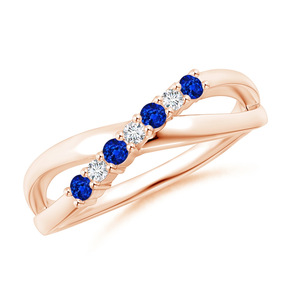 2mm AAAA Round Blue Sapphire and Diamond Crossover Ring in Rose Gold 