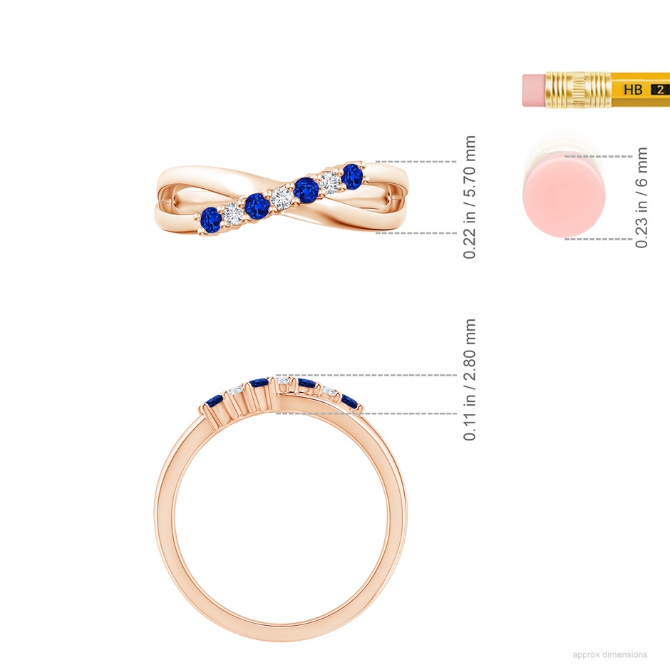 2mm AAAA Round Blue Sapphire and Diamond Crossover Ring in Rose Gold ruler