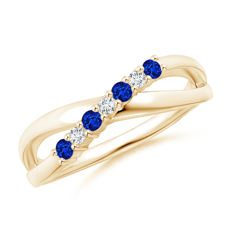 2mm AAAA Round Blue Sapphire and Diamond Crossover Ring in Yellow Gold 