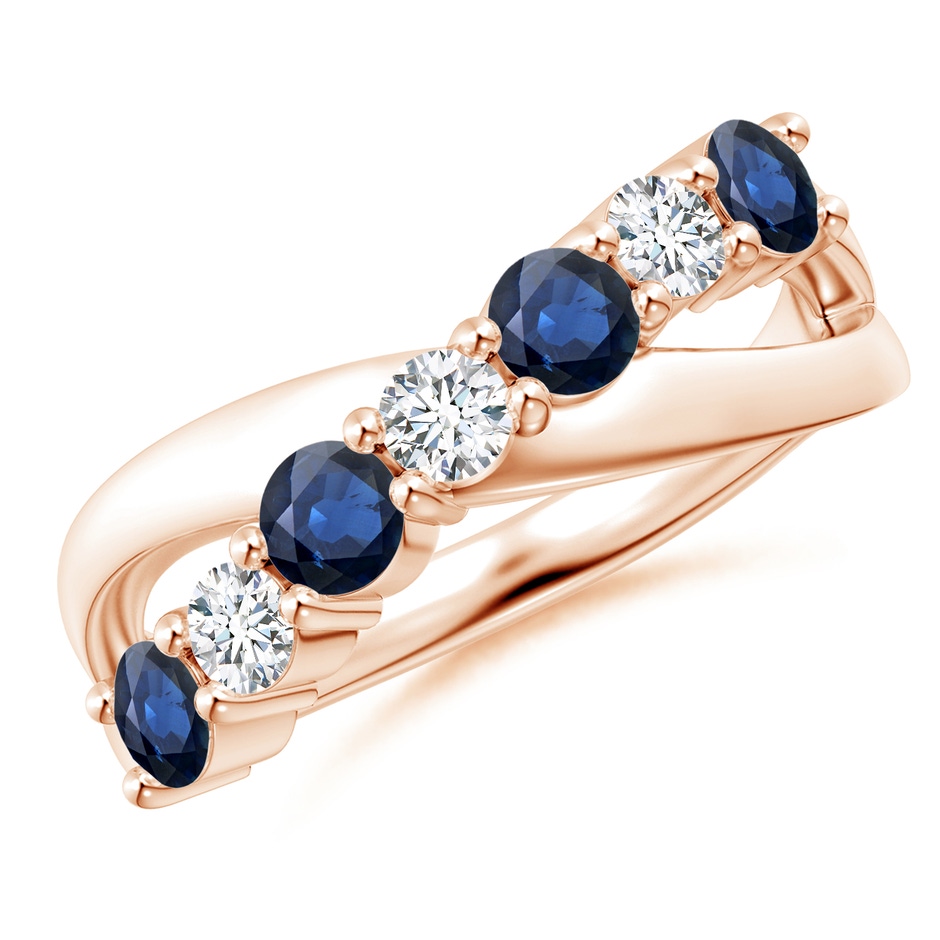 3.5mm AA Round Blue Sapphire and Diamond Crossover Ring in Rose Gold 