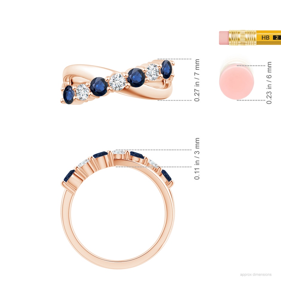3.5mm AA Round Blue Sapphire and Diamond Crossover Ring in Rose Gold ruler