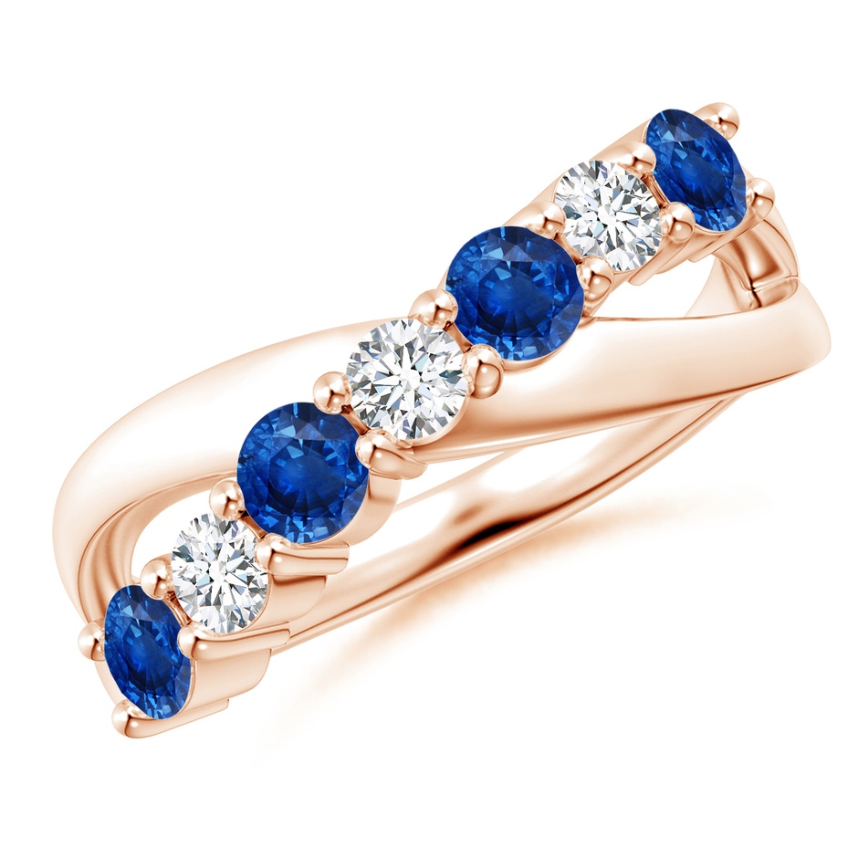 3.5mm AAA Round Blue Sapphire and Diamond Crossover Ring in Rose Gold 