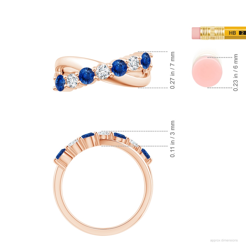 3.5mm AAA Round Blue Sapphire and Diamond Crossover Ring in Rose Gold ruler