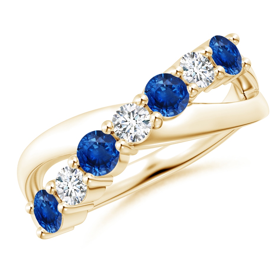 3.5mm AAA Round Blue Sapphire and Diamond Crossover Ring in Yellow Gold 