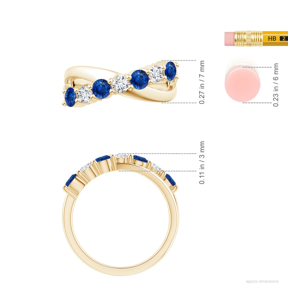 3.5mm AAA Round Blue Sapphire and Diamond Crossover Ring in Yellow Gold ruler