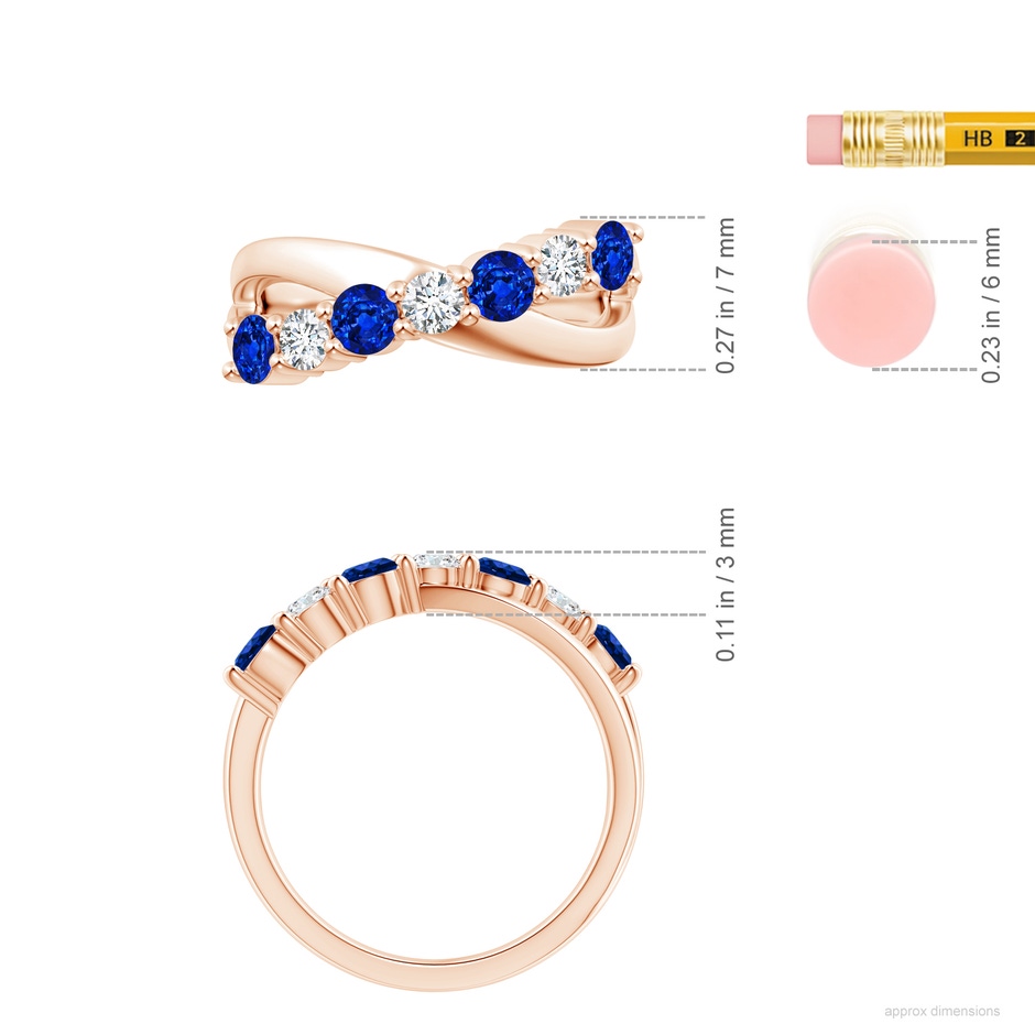 3.5mm AAAA Round Blue Sapphire and Diamond Crossover Ring in Rose Gold ruler