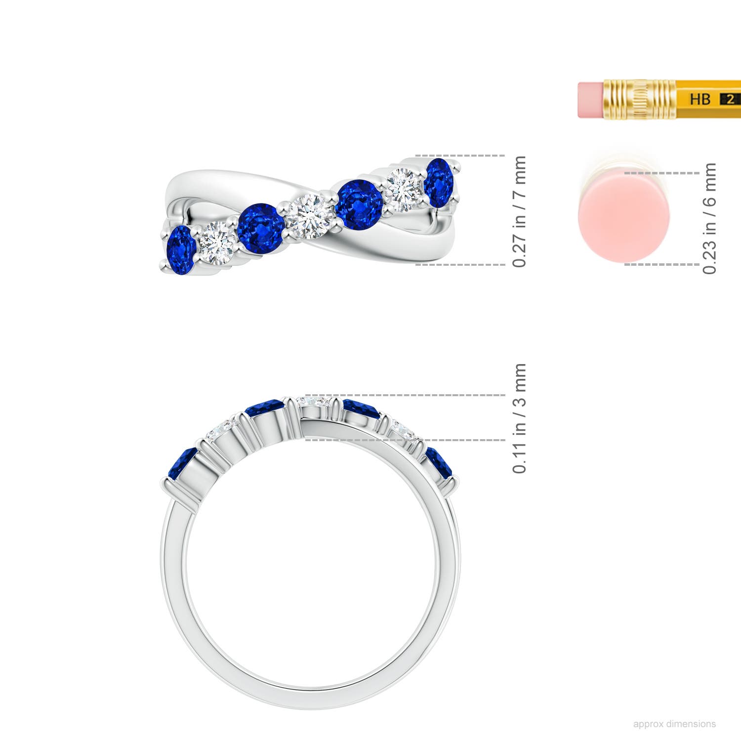 3.5mm AAAA Round Blue Sapphire and Diamond Crossover Ring in White Gold - ruler
