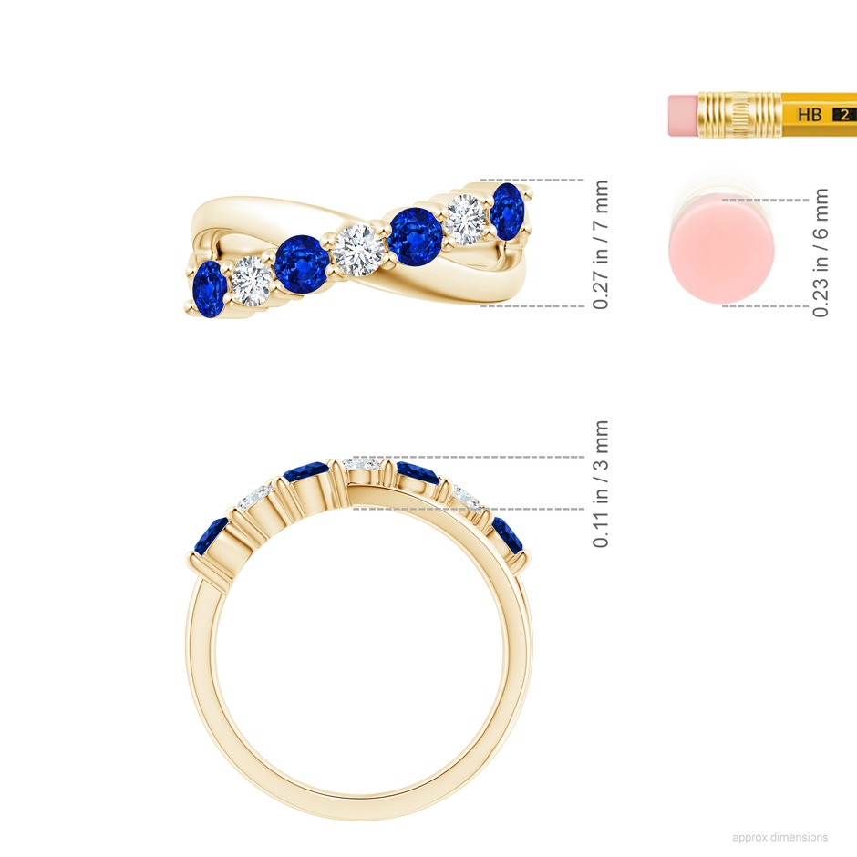 3.5mm Lab-Grown Round Blue Sapphire and Diamond Crossover Ring in Yellow Gold ruler