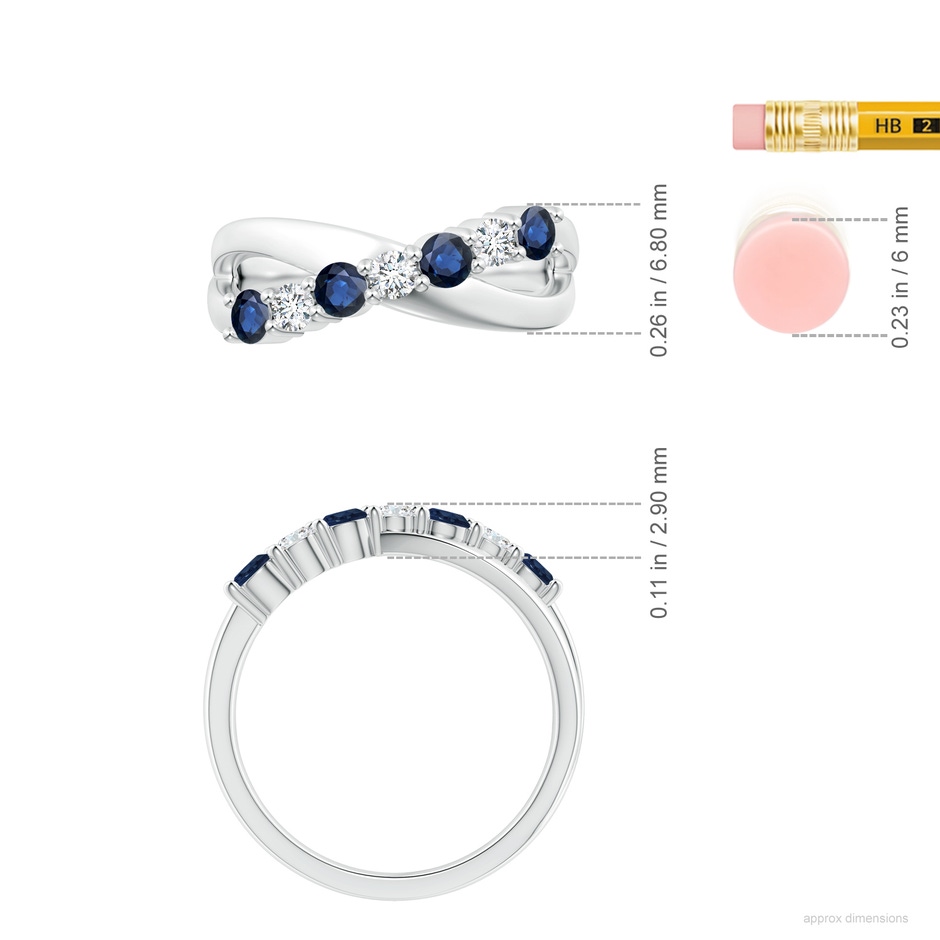3mm AA Round Blue Sapphire and Diamond Crossover Ring in P950 Platinum ruler