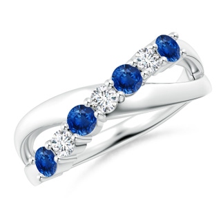 3mm AAA Round Blue Sapphire and Diamond Crossover Ring in 18K White Gold