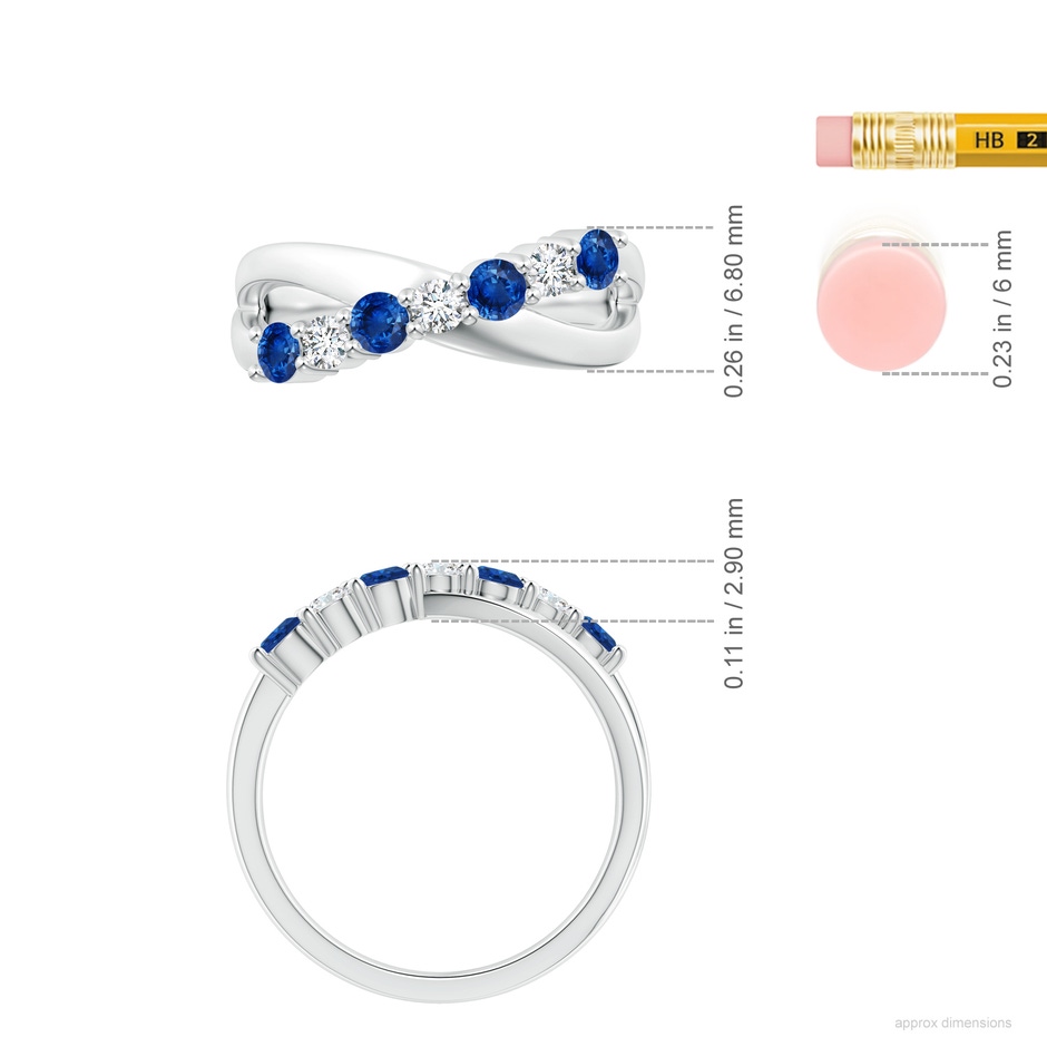 3mm AAA Round Blue Sapphire and Diamond Crossover Ring in 18K White Gold ruler